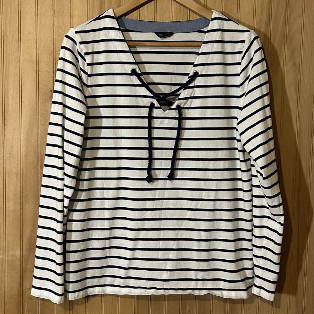 Nautica Womens T-Shirt White Blue Striped Long Sleeve V Neck Drawstring XL